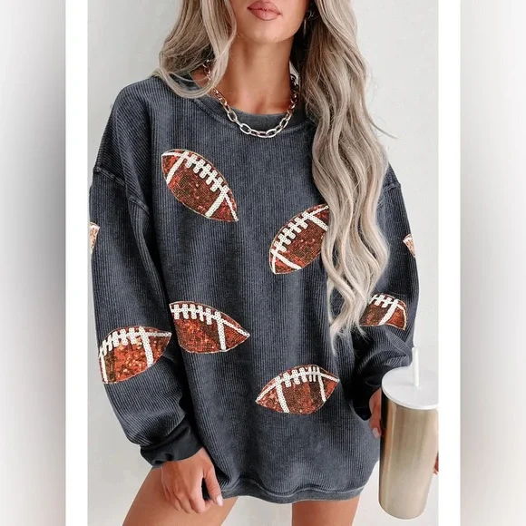SEQUIN RUGBY GRAPHIC CORDED BAGGY SWEATSHIRT - Picture 1 of 5
